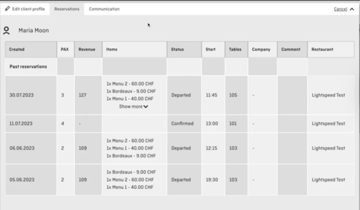 Beispiel von Gästedetails, in diesem Fall Umsätze, innerhalb alenos
