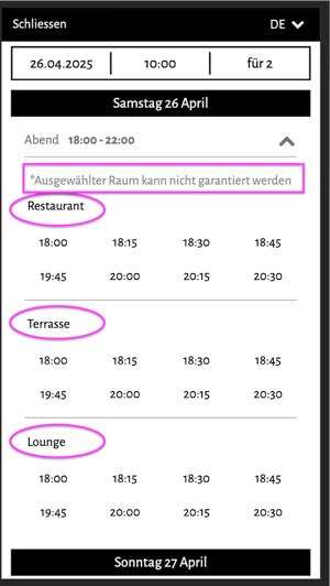 Widget mit Auswahl der Räume