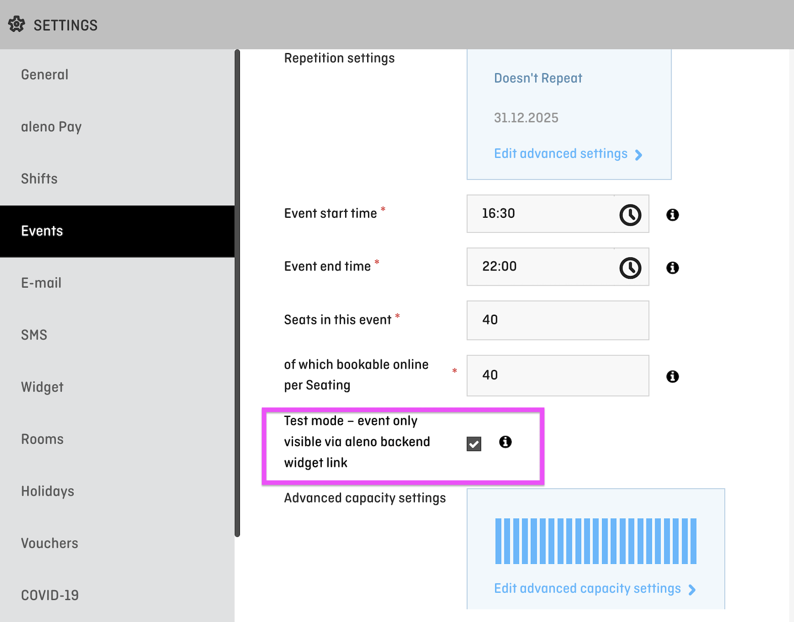 screenshot of aleno backend