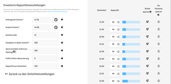 online capacity settings per shift