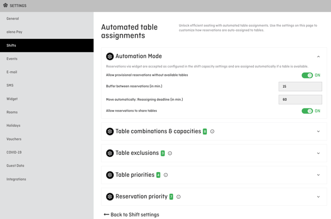 screenshot of aleno backend settings in shifts and automated table assignements