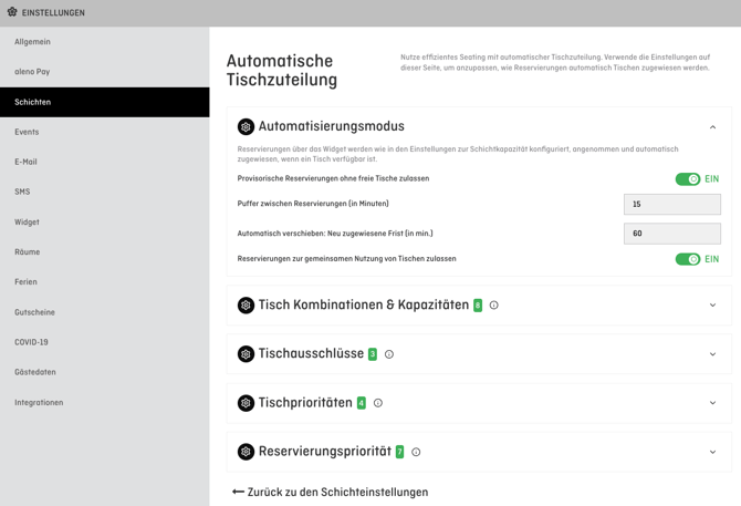 screenshot of aleno backend settings in shifts and automated table assignements