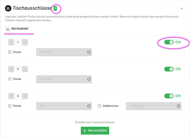 screenshot of aleno backend settings in shifts and automated table assignements