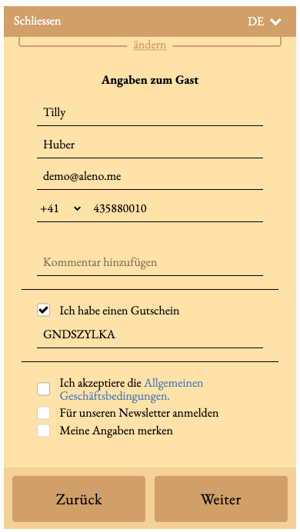 screenshot of aleno widget showing how guests can redeem a voucher