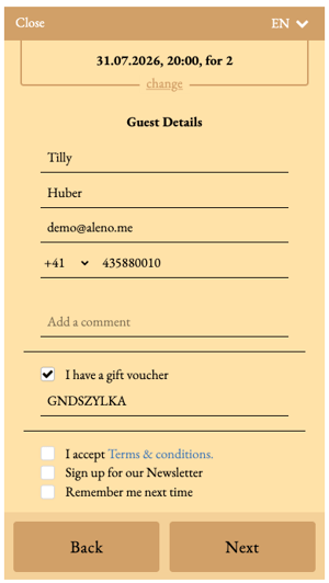 screenshot of aleno widget showing how guests can redeem a voucher