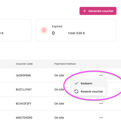 screenshot of aleno backend showing how staff can redeem a voucher on via the voucher dashboard