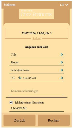 screenshot of aleno widget showing how guests can redeem a voucher