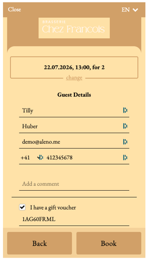 screenshot of aleno widget showing how guests can redeem a voucher