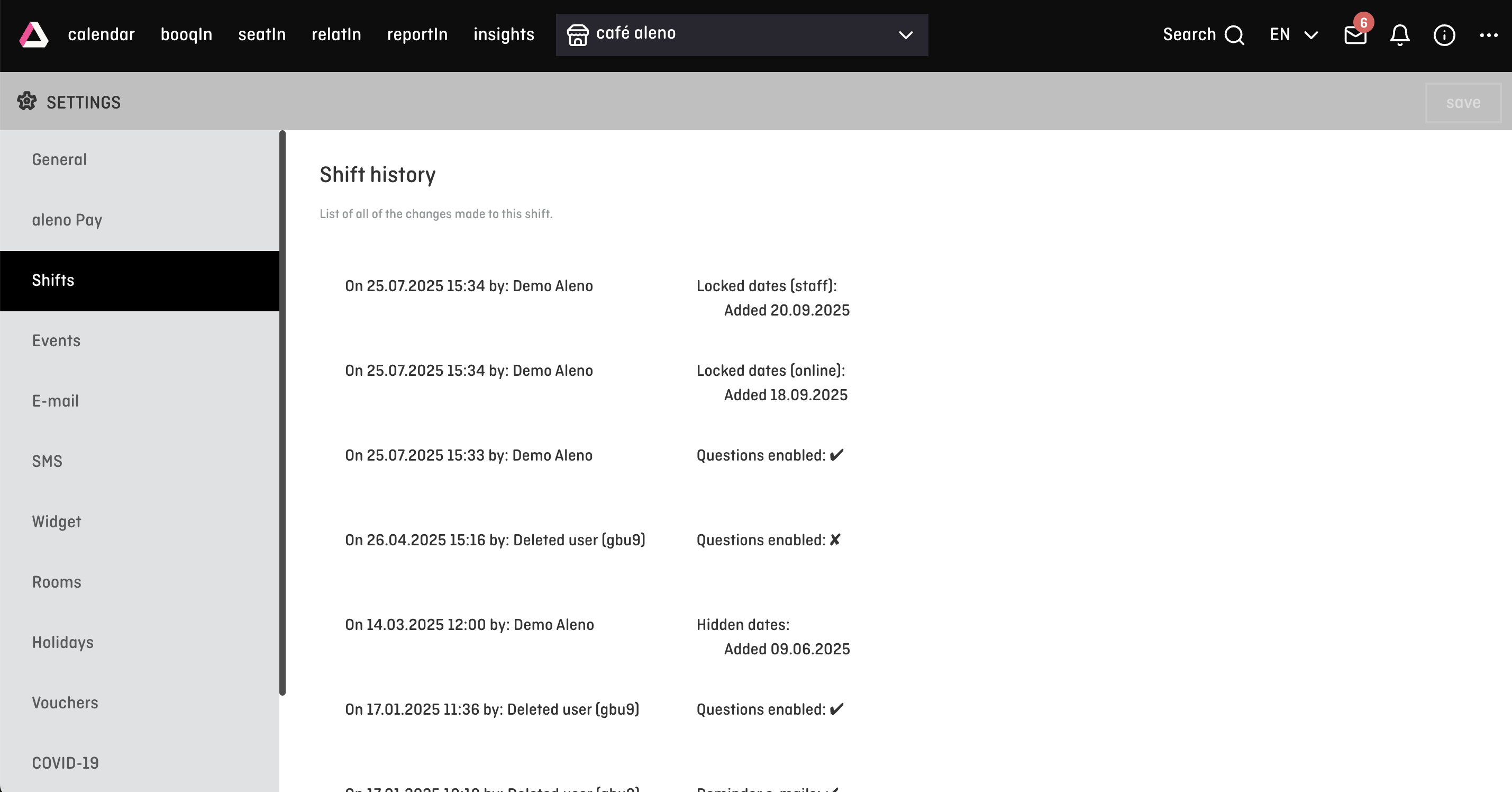 screenshot of aleno shift history