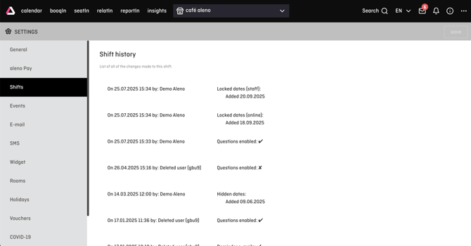 screenshot of aleno shift history