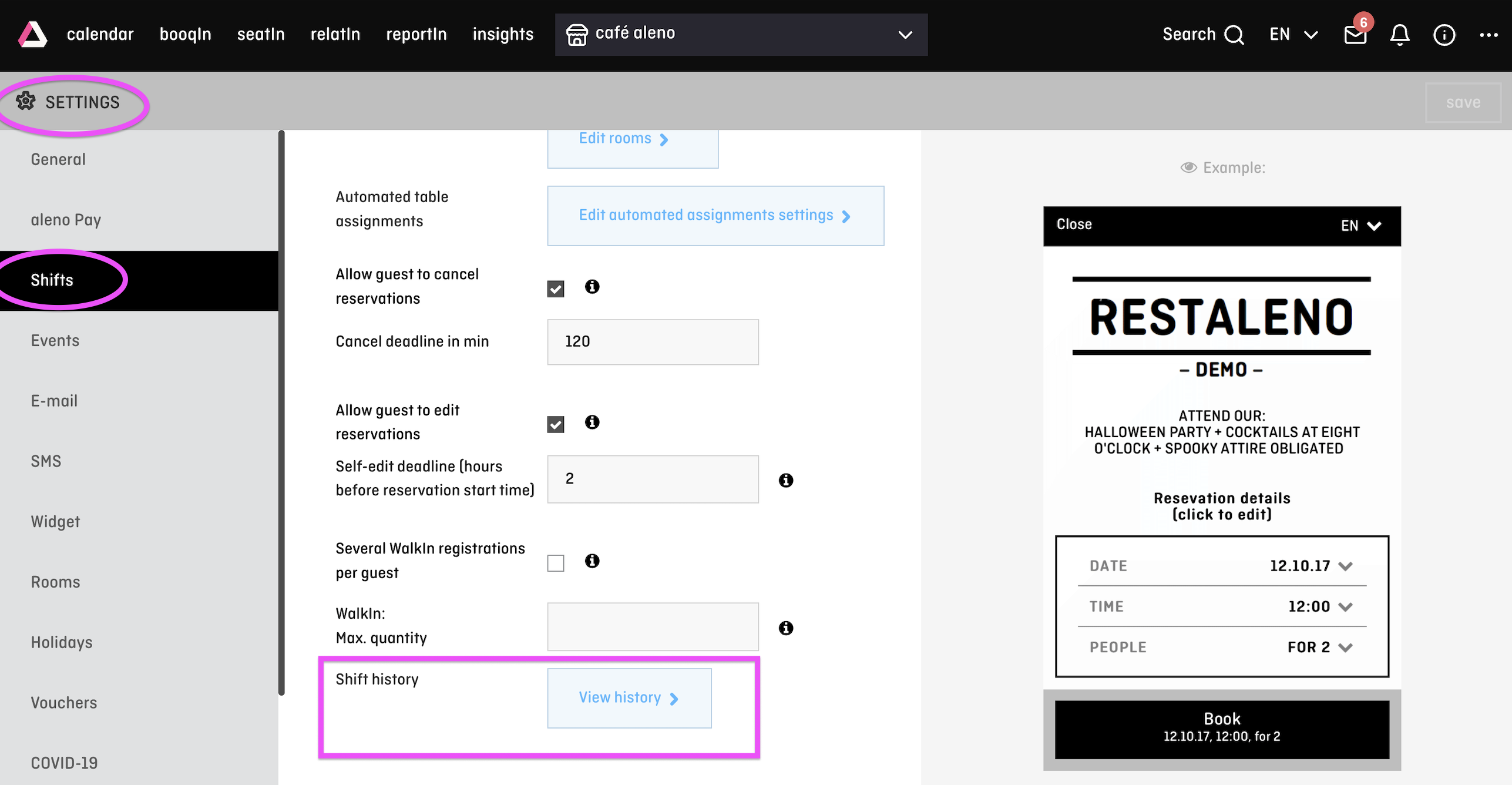 screenshot of aleno shift settings
