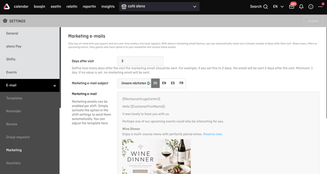 screenshot of aleno backend showing the marketing email settings