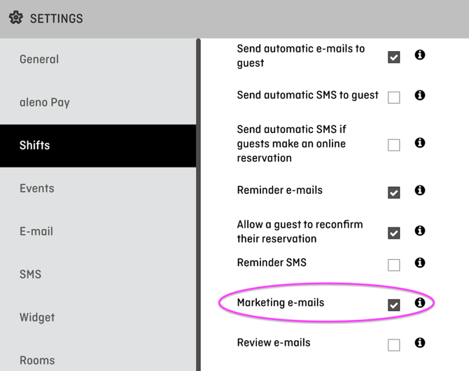 screenshot of aleno backend showing the marketing email settings in the shift