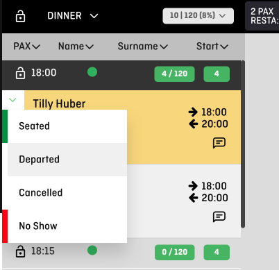 screenshot of aleno backend showing the status change of a reservation