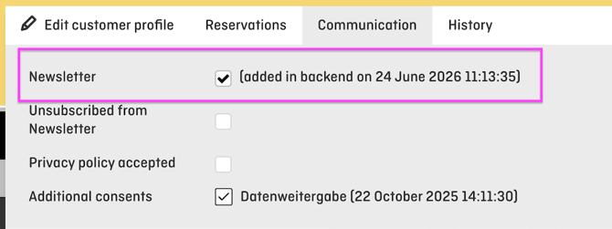 screenshot of aleno backend showing the guest profile and the consent to the newsletter email