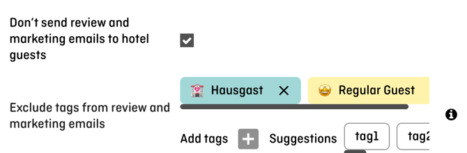 screenshot of aleno backend showing how to exclude hotel guests or certain guest tags from marketing emails