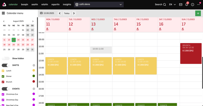 screenshot of aleno backend - calender view