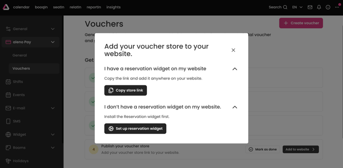 screenshot of aleno backend showing the voucher store url