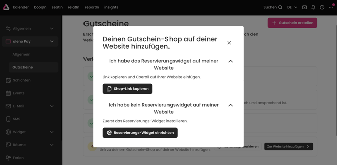 screenshot of aleno backend showing the voucher store url