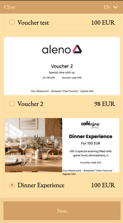 screenshot of aleno widget showing how to buy a voucher