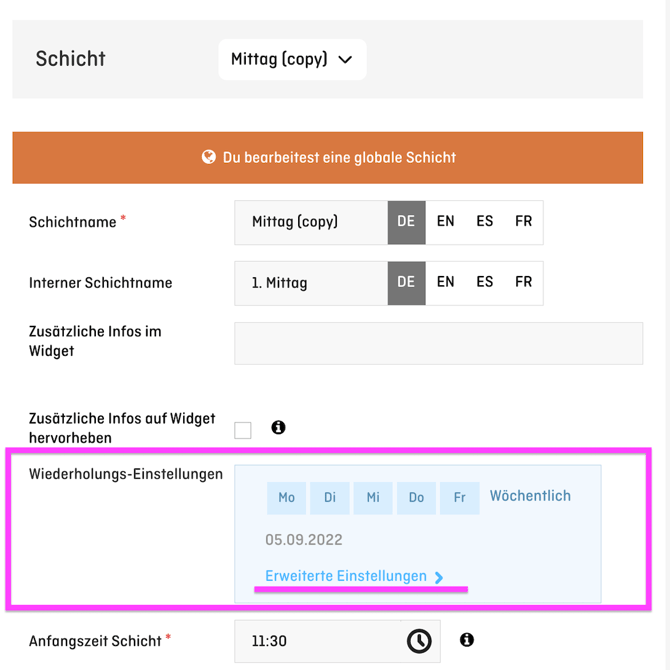 screenshot of shift settings - repetition settings