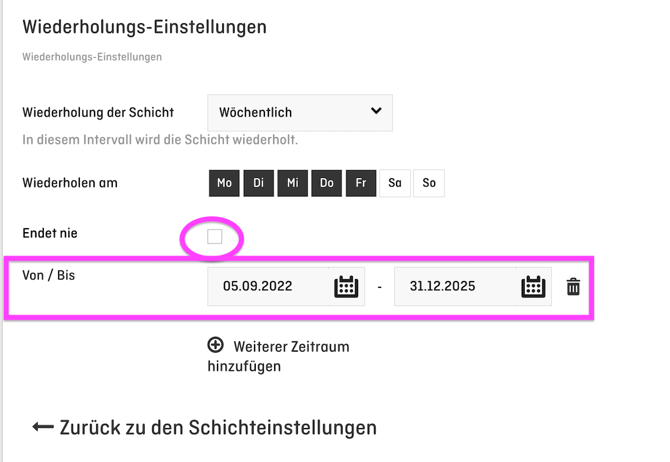 screenshot of shift settings