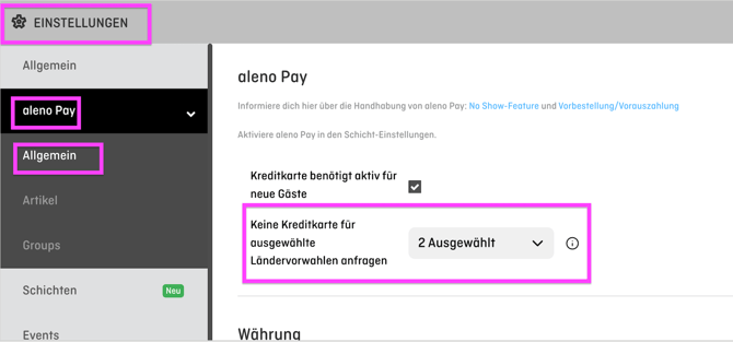 screenshot of aleno backend settings